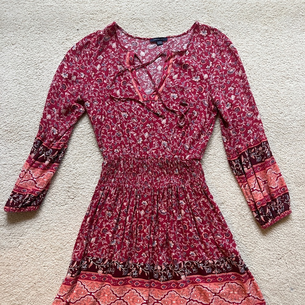 American Eagle Outfitters Red and Pink Floral Flowy Long sleeve Dress